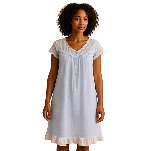 Eileen West Cotton Textured Midi Blue Nightgown Ruffle Hem Size Medium - Picture 1 of 6